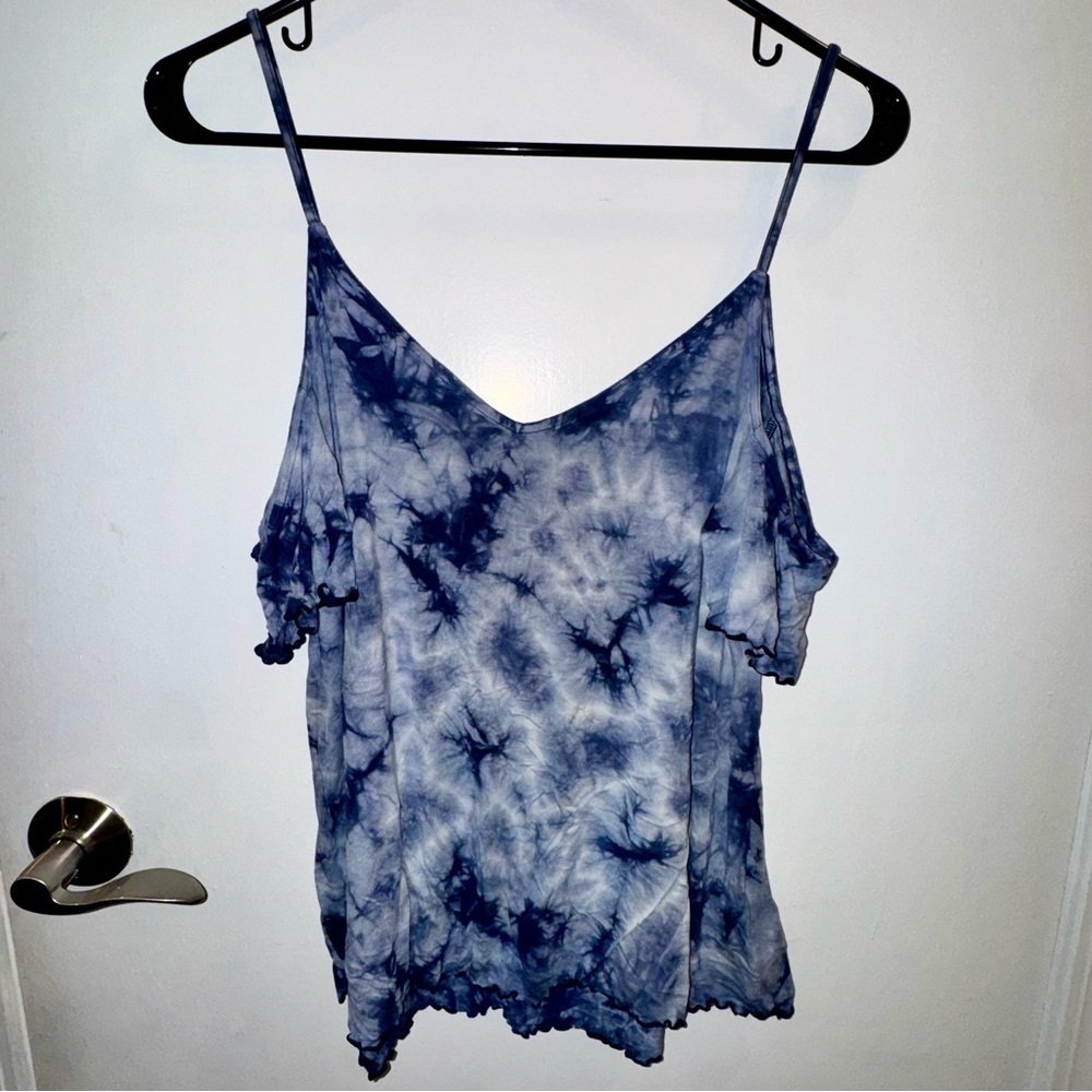 American Eagle Outfitters Navy Blue Tie-Dye Cold Shoulder Blouse - Picture 1 of 7